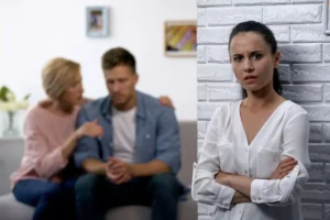 A woman stands alone annoyed by her husband confiding in his mother about their relationship. Here are some tips for cutting your spouse's apron strings.