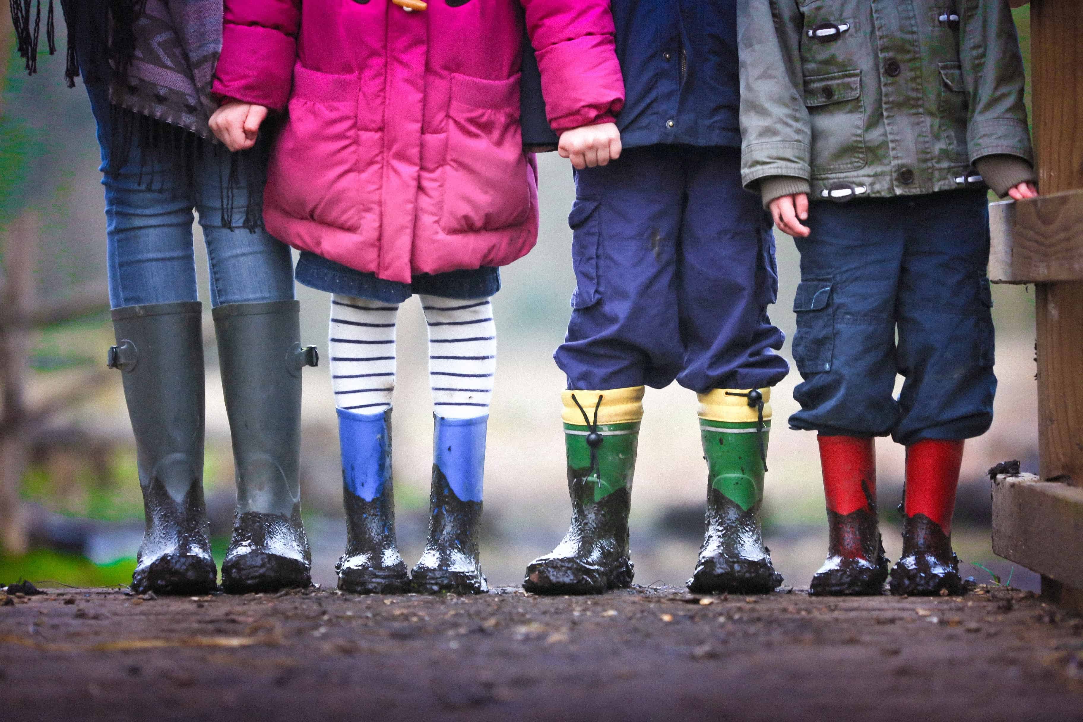 Kids in rain boots standing together