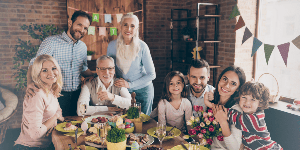 Two generations gather around a table for Easter activities for the whole family