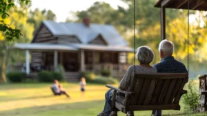 The ideal picture of how to keep your marriage strong with an elderly couple sits closely together on a wooden porch swing, gazing toward a rustic log cabin in the distance. The scene is bathed in warm, golden evening light. In the background, a man relaxes on a lawn chair while two children play on the grassy yard, evoking a peaceful, multigenerational family moment in a rural setting.
