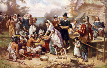 Painting of the Pilgrims and Native Americans having the first Thanksgiving meal