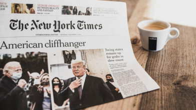 Image of front page of New York Times article covering the 2020 U.S. Presidential election