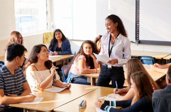 Young, smiling female teacher standing among her high school students in classroom