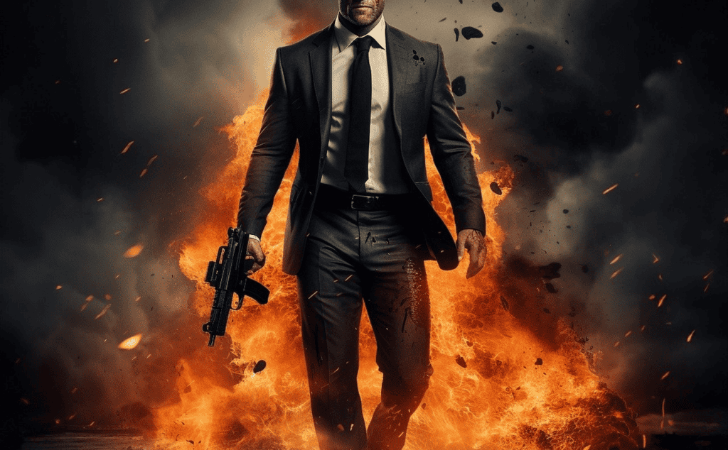 man in suit with gun in front of explosion