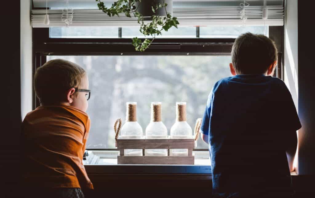Boys looking out window