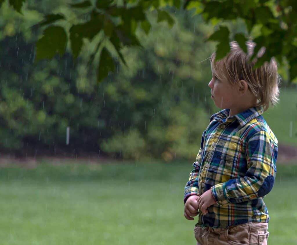 boy staring out under trees