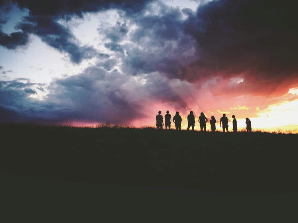 group of friends in sihlouette in a field at sunset