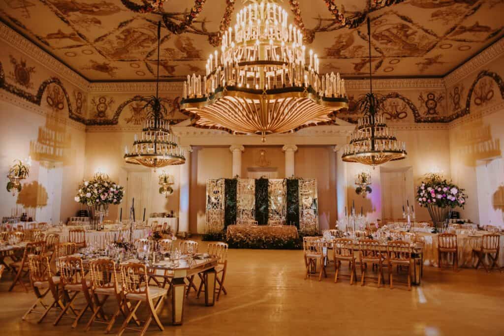 fancy wedding venue with chandelier