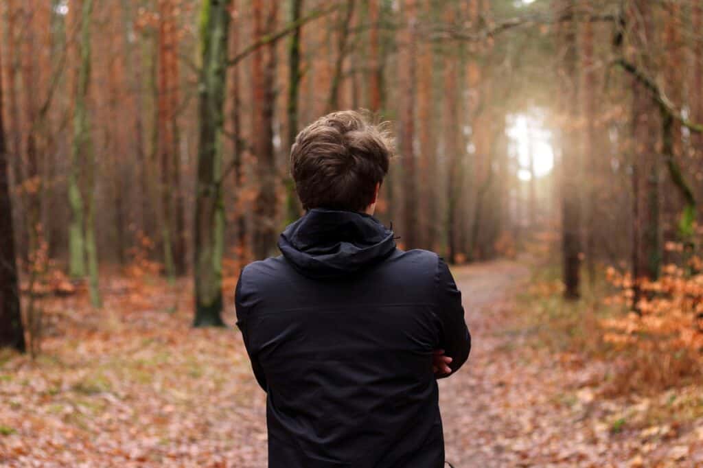 back of a young man looking into a fall forest