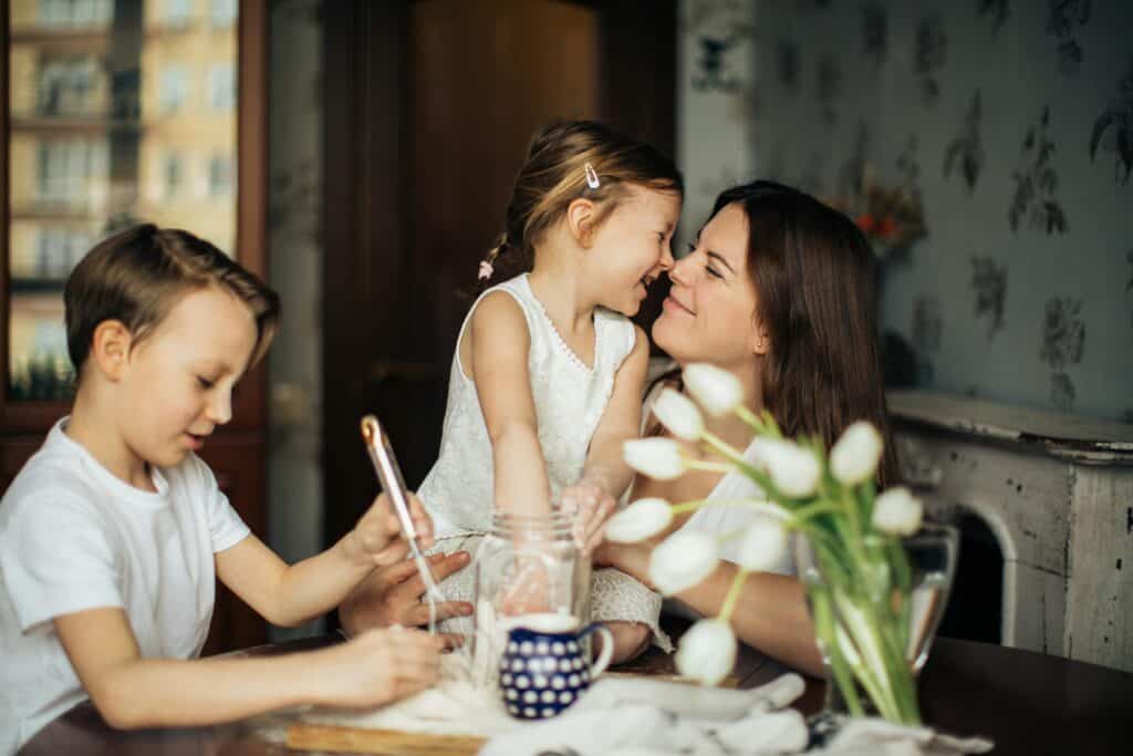 mom with two kids boy and girl