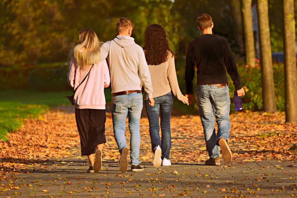 two couples walking in woods or park