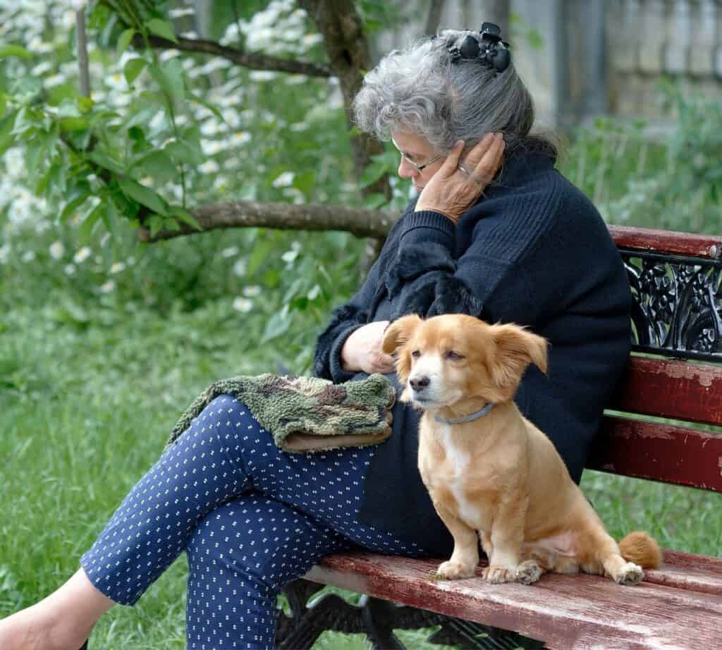 older woman on bench with dog