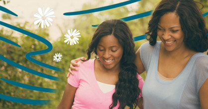 Stylized image of a laughing mom with her arm around her smiling teen daughter