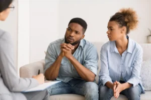 A couple sits with a marriage counselor to learn the keys to a successful second marriage.