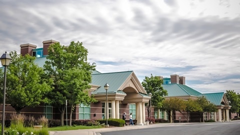 Focus on the Family Welcome Center and Bookstore building, shown from the front