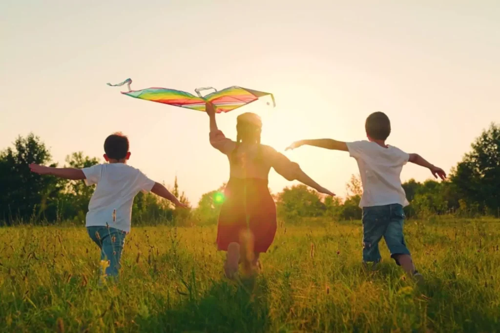 Spring activities include flying a kite