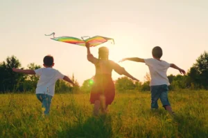 Spring activities include flying a kite