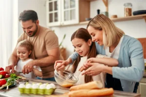 Parents and two children together in the kitchen making a meal