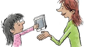 Illustration of a little girl unhappily surrendering a digital tablet to her mother
