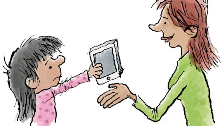 Illustration of a little girl unhappily surrendering a digital tablet to her mother