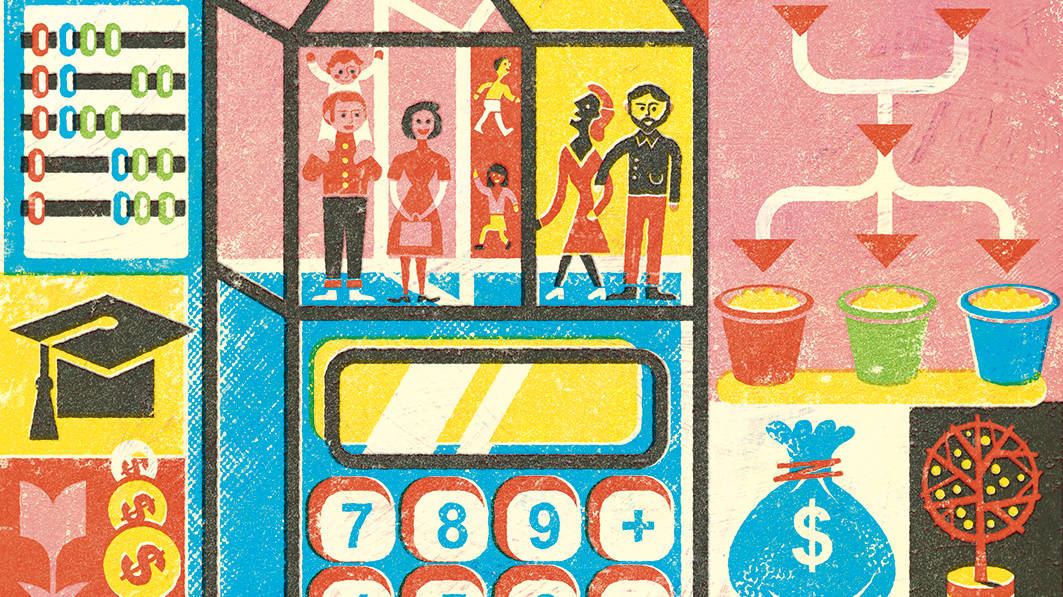 Illustration of a blended family and various symbols reflecting the complicated ways finances are accounted for