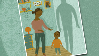 Illustration of a mother with her small son who casts a shadow of a grown man on the wall behind him