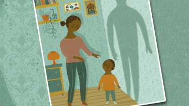 Illustration of a mother with her small son who casts a shadow of a grown man on the wall behind him