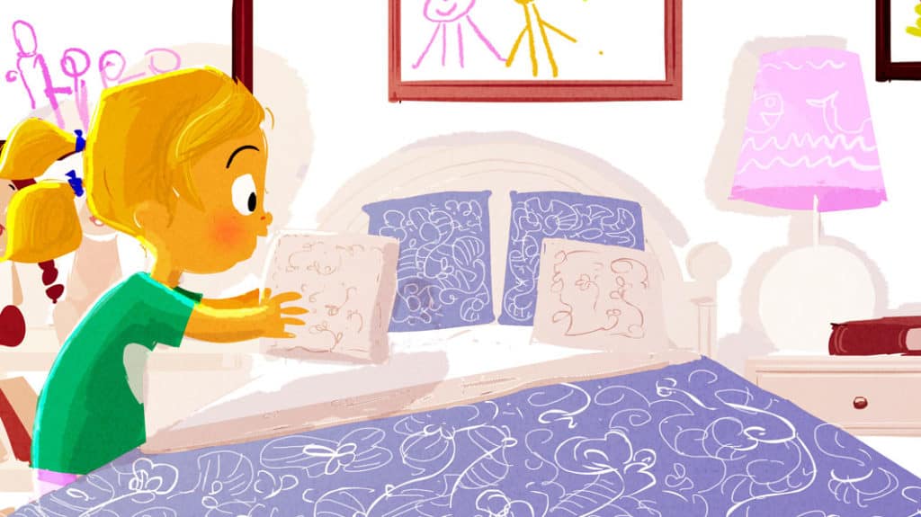 Illustration of a young girl arranging pillows on her bed