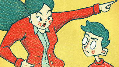 Illustration of a mom adamantly pointing over the head of her son in a commanding style. Boy's arms are crossed in resistance.