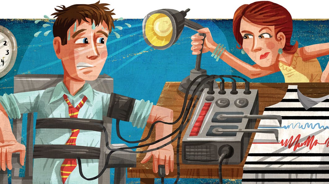 Serious illustration of a wife interrogating her husband with a lie detector and a lamp