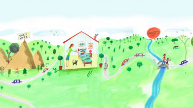 Illustration of a winding road with cars and pedestrians. Several stops on the path show areas of hard work, self-control and honesty