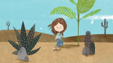 Illustration of a sad-looking girl sitting in a desert place under the shade of a palm tree. Cacti dot the landscape and the sun beats down on it.