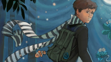 Illustration of concerned child with scarf blowing in the wind