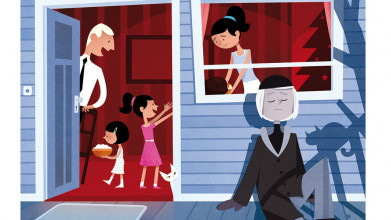 Illustration of a sad woman sitting on the porch of a home with a happy family inside, suggesting exclusion