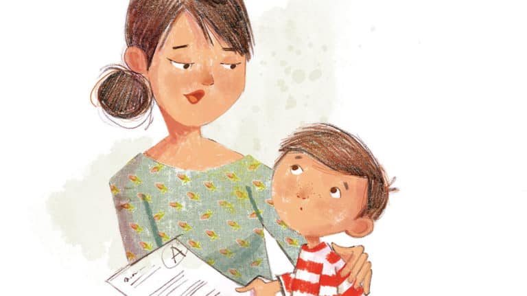 Illustration of mom with her arm around son who's holding a school assignment he got an 'A' on