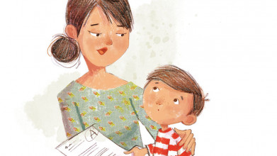 Illustration of mom with her arm around son who's holding a school assignment he got an 'A' on
