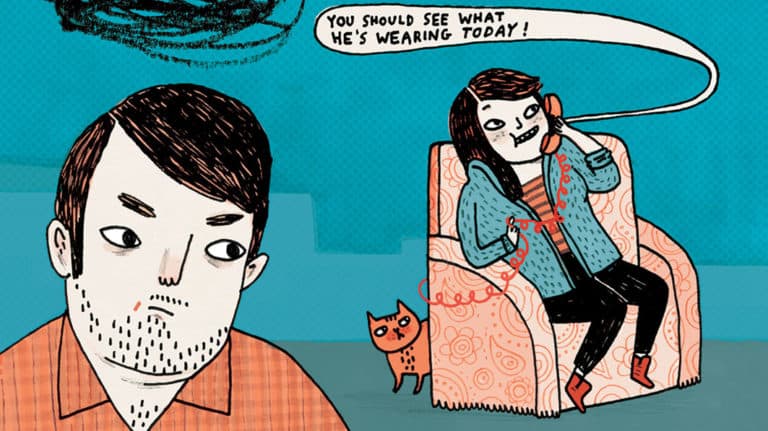 Illustration of mad husband hearing his wife make an insulting comment about him to someone she’s talking with on the phone