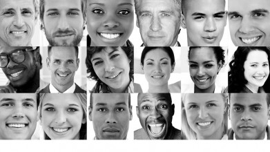 Black and white photo - a collage of close-ups of 18 people's faces, most smiling, a few serious-looking