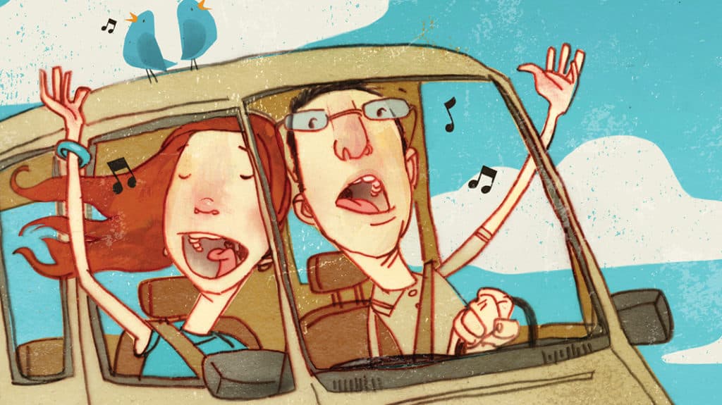 Illustration of husband and wife singing joyfully while he drives their car