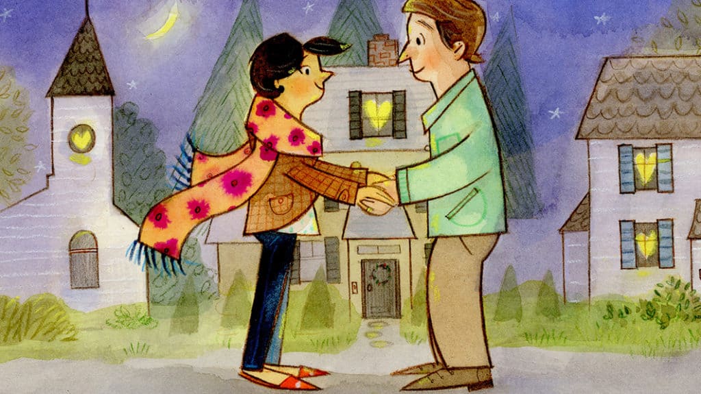 Illustration of a couple standing outside in their neighborhood at night holding hands and looking at each other