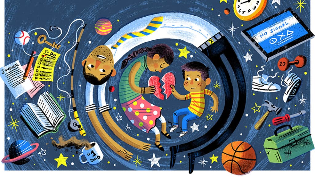 Illustration of dad encircling his two broken-hearted children as they float in space, surrounded by everyday objects