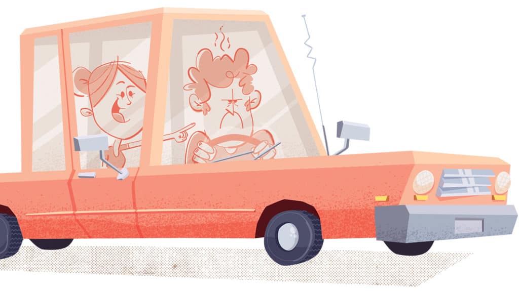 Illustration of a fuming mad husband driving the car while his happy wife points, directing him where to go