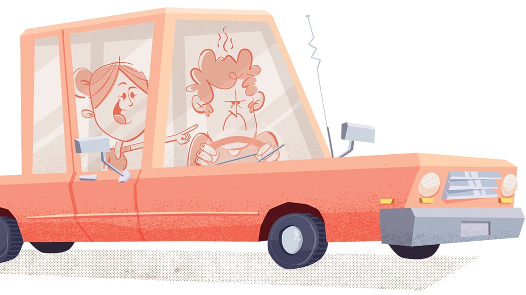 Illustration of a fuming mad husband driving the car while his happy wife points, directing him where to go