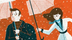 Illustration of a man holding half of an umbrella in the rain; his wife is offering her half of her umbrella to help him