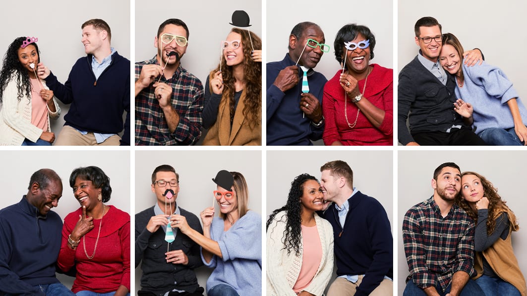 Montage of photos of 8 happy couples laughing, having fun, and acting silly