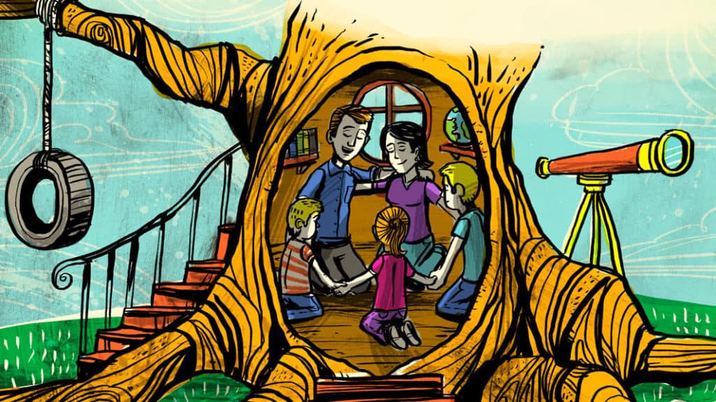 Illustration of a kneeling, praying family whose home is inside a tree trunk