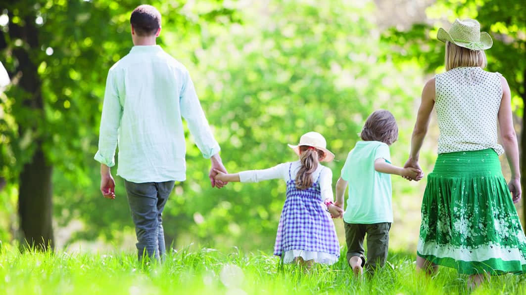 A family holding hands in the woods.