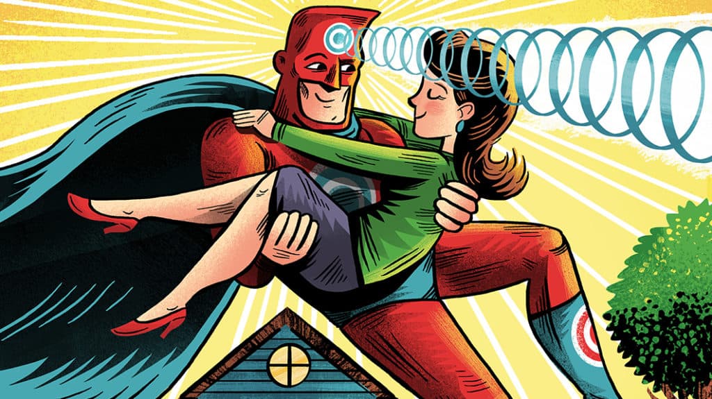 Illustration of a husband dressed as a superhero, carrying his wife. Has the superpower of reading her mind.