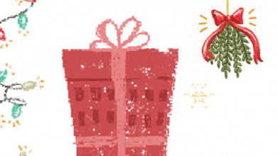 Illustrated Christmas scene with a flower pot wrapped in a bow, some mistletoe, and colored string lights