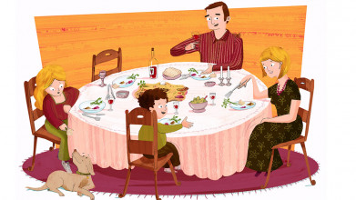 Illustration of happy mom, dad, and two kids seated around the dining table having a meal